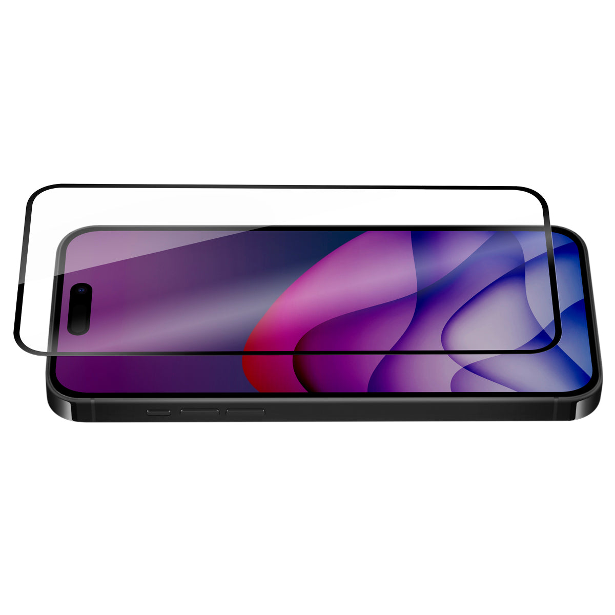 OptiGuard Eco Glass Plus - Apple iPhone 16 Pro Max Screen Protector - Clear with Black Frame, Angled Front View with Screen Protector applied on the Display of the Phone