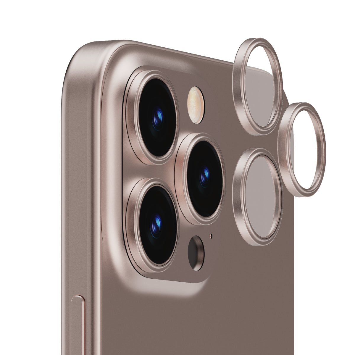 OptiRings - Apple iPhone 16 Pro, iPhone 16 Pro Max Camera Lens Protector - Beige Titanium, Right Angled Close Up View of Camera Lens Protector apply to the Phone