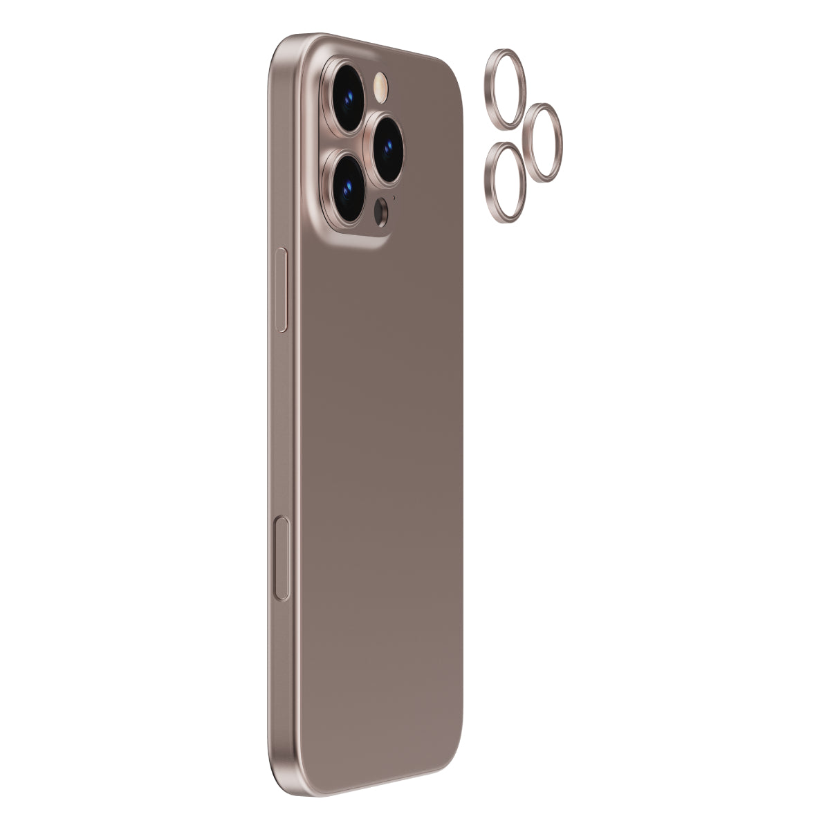 OptiRings - Apple iPhone 16 Pro, iPhone 16 Pro Max Camera Lens Protector - Beige Titanium, Right Angled Zoom Out View of Camera Lens Protector applied to the Phone