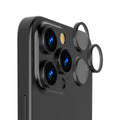 OptiRings - Apple iPhone 16 Pro, iPhone 16 Pro Max Camera Lens Protector - Black Titanium, Right Angled Close Up View of Camera Lens Protector apply to the Phone