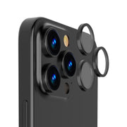 OptiRings - Apple iPhone 16 Pro, iPhone 16 Pro Max Camera Lens Protector - Black Titanium, Right Angled Close Up View of Camera Lens Protector apply to the Phone