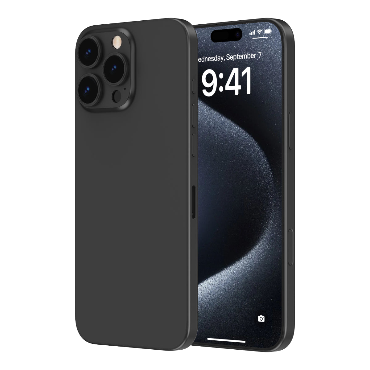 OptiRings - Apple iPhone 16 Pro, iPhone 16 Pro Max Camera Lens Protector - Black Titanium, Side and Back View of the Phone with Camera Lens Protector applied