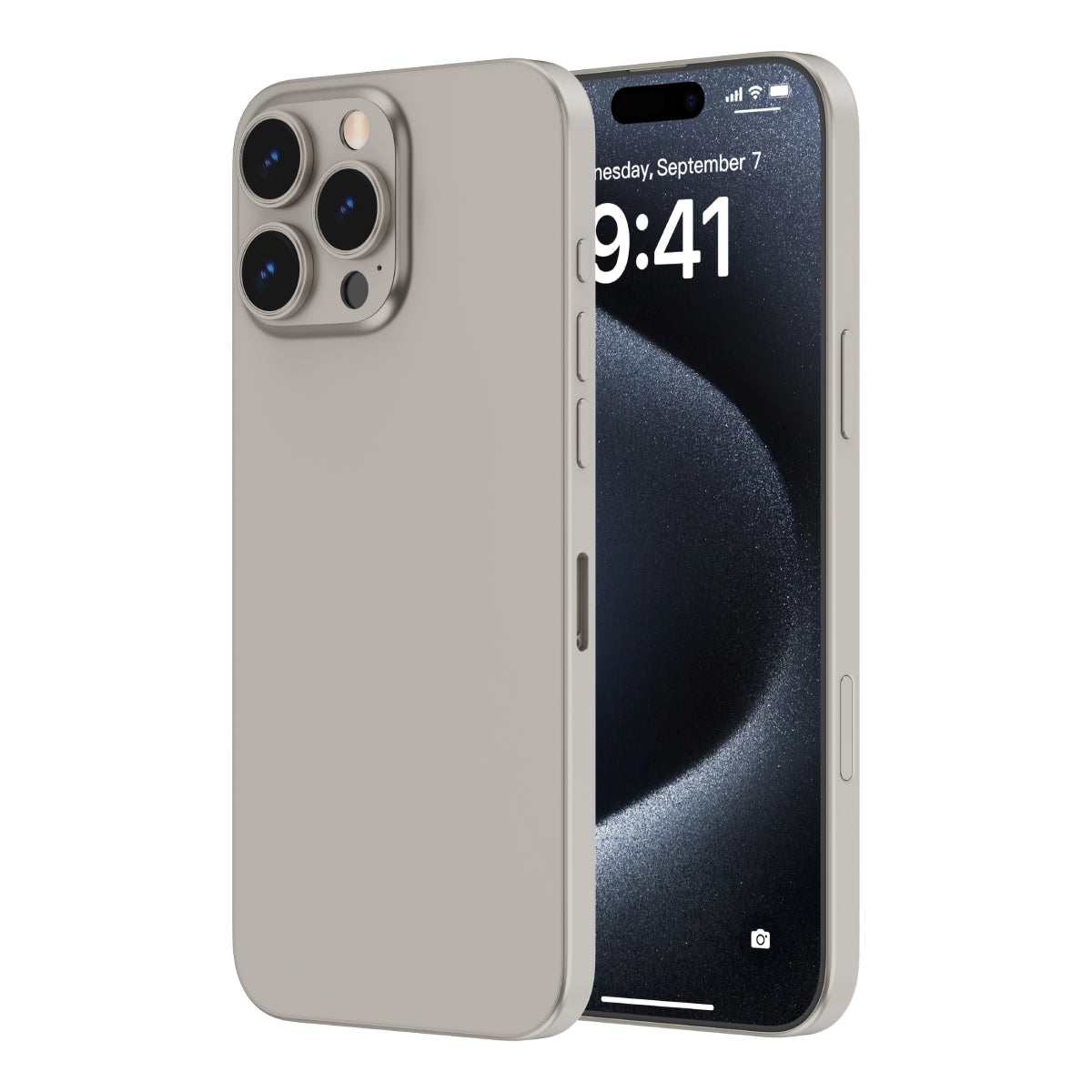 OptiRings - Apple iPhone 16 Pro, iPhone 16 Pro Max Camera Lens Protector - Natural Titanium, Side and Back View of the Phone with Camera Lens Protector applied