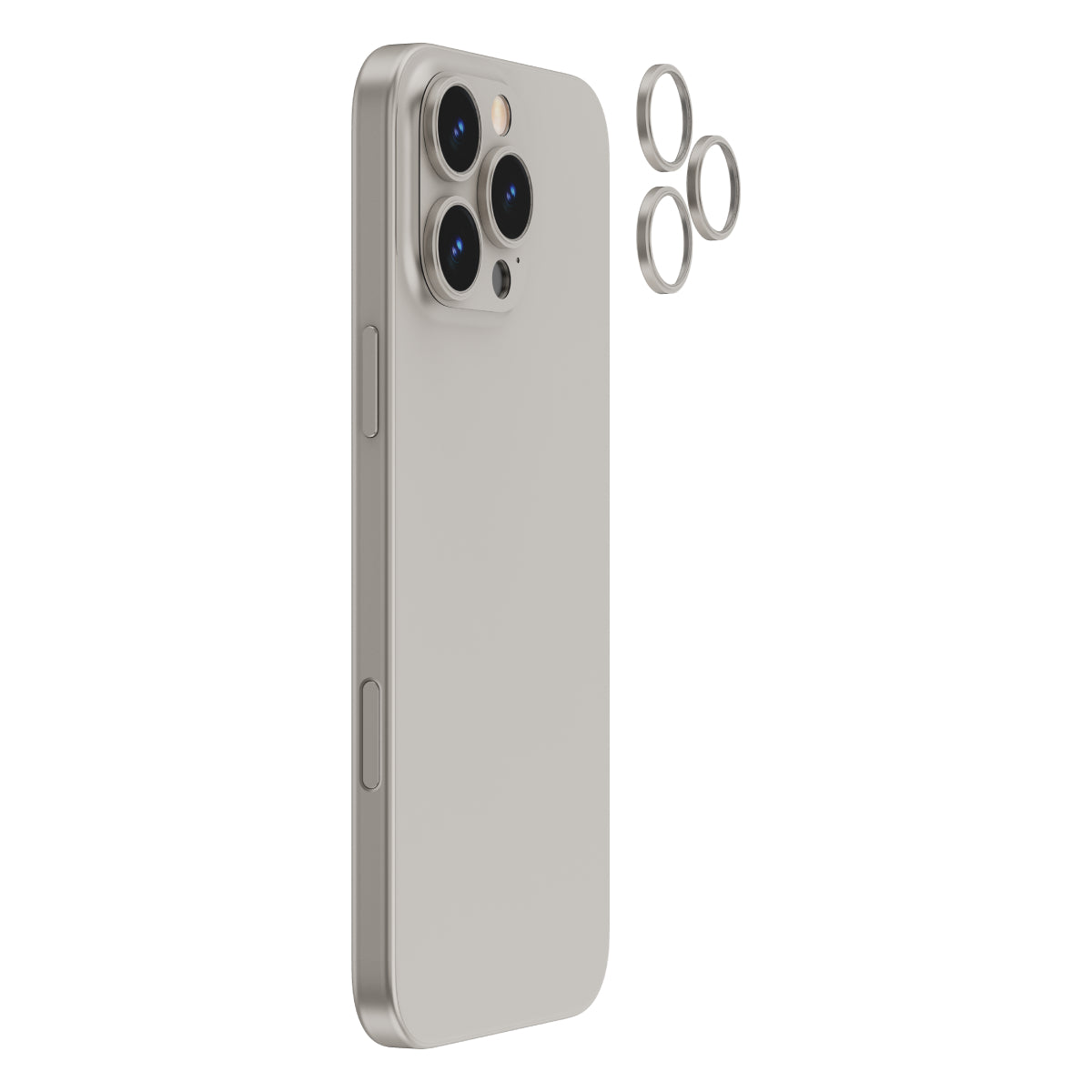 OptiRings - Apple iPhone 16 Pro, iPhone 16 Pro Max Camera Lens Protector - Natural Titanium, Right Angled Zoom Out View of Camera Lens Protector applied to the Phone