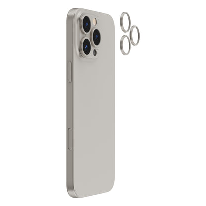 OptiRings - Apple iPhone 16 Pro, iPhone 16 Pro Max Camera Lens Protector - Natural Titanium, Right Angled Zoom Out View of Camera Lens Protector applied to the Phone