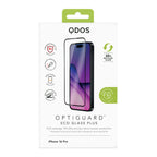 OptiGuard Eco Glass Plus - Apple iPhone 16 Pro Screen Protector - Clear with Black Frame, showcasing product packaging in white