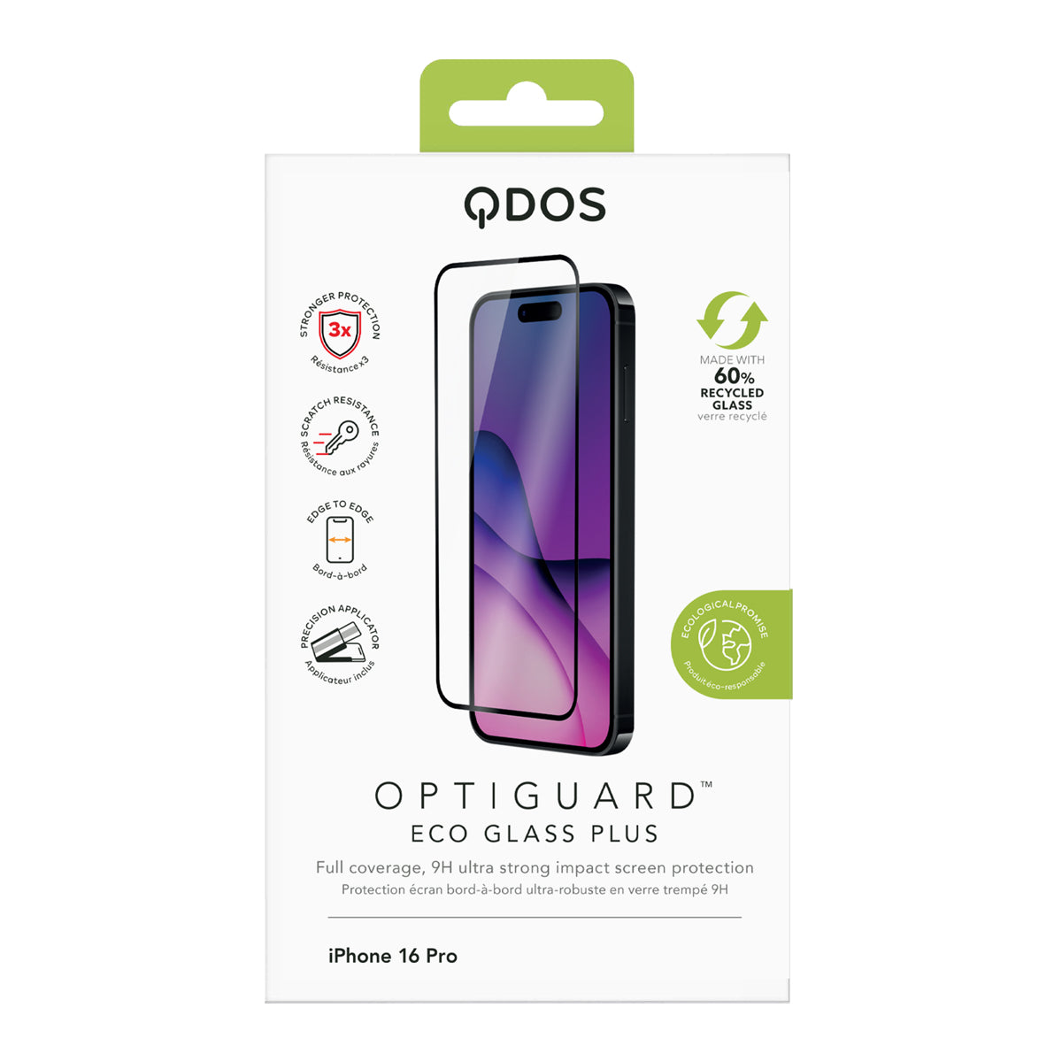 OptiGuard Eco Glass Plus - Apple iPhone 16 Pro Screen Protector - Clear with Black Frame, showcasing product packaging in white