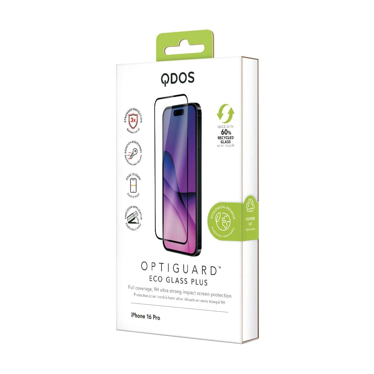 OptiGuard Eco Glass Plus - Apple iPhone 16 Pro Screen Protector - Clear with Black Frame, showcasing product packaging in white
