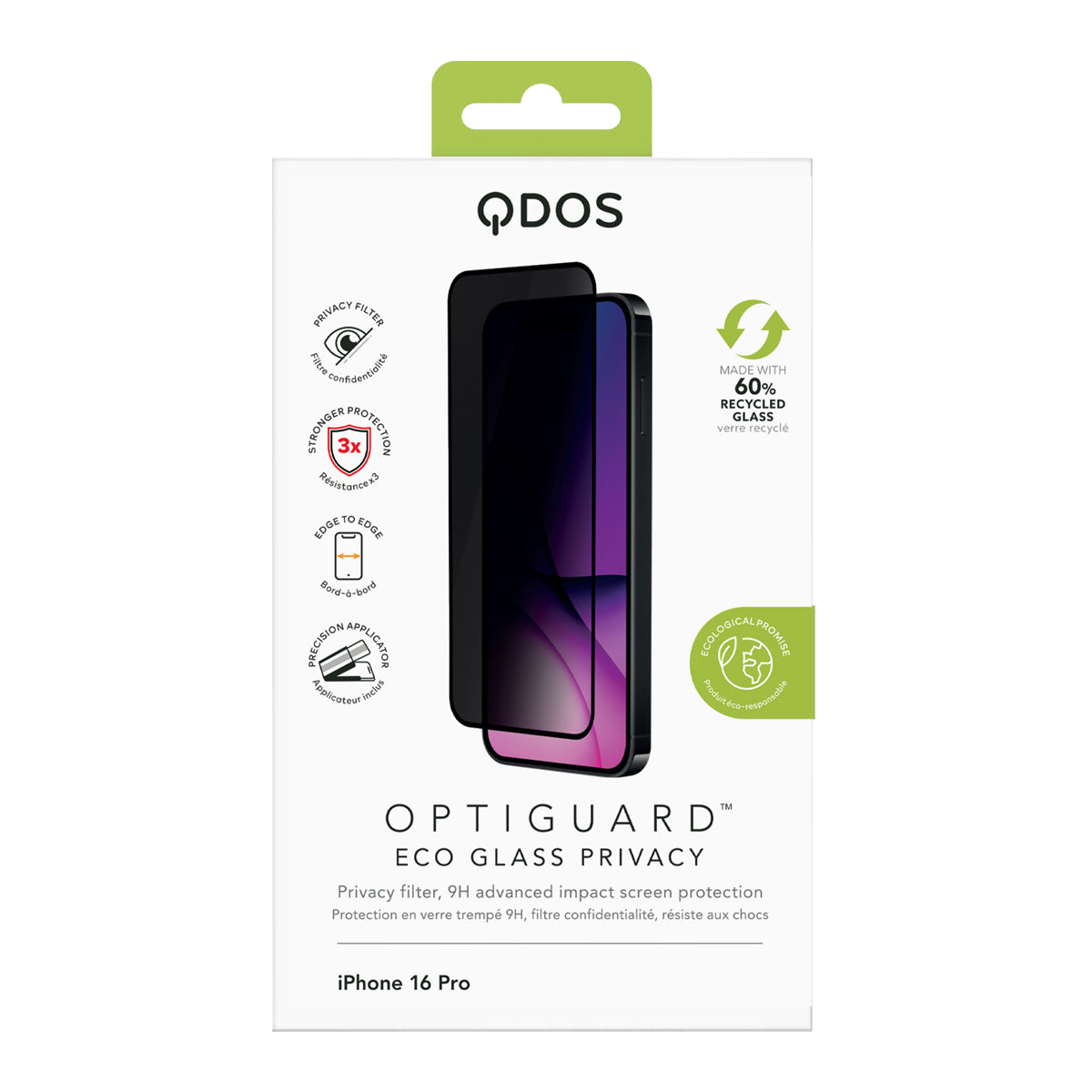 OptiGuard Eco Glass Privacy - Apple iPhone 16 Pro Screen Protector - Privacy Black, showcasing product packaging in white