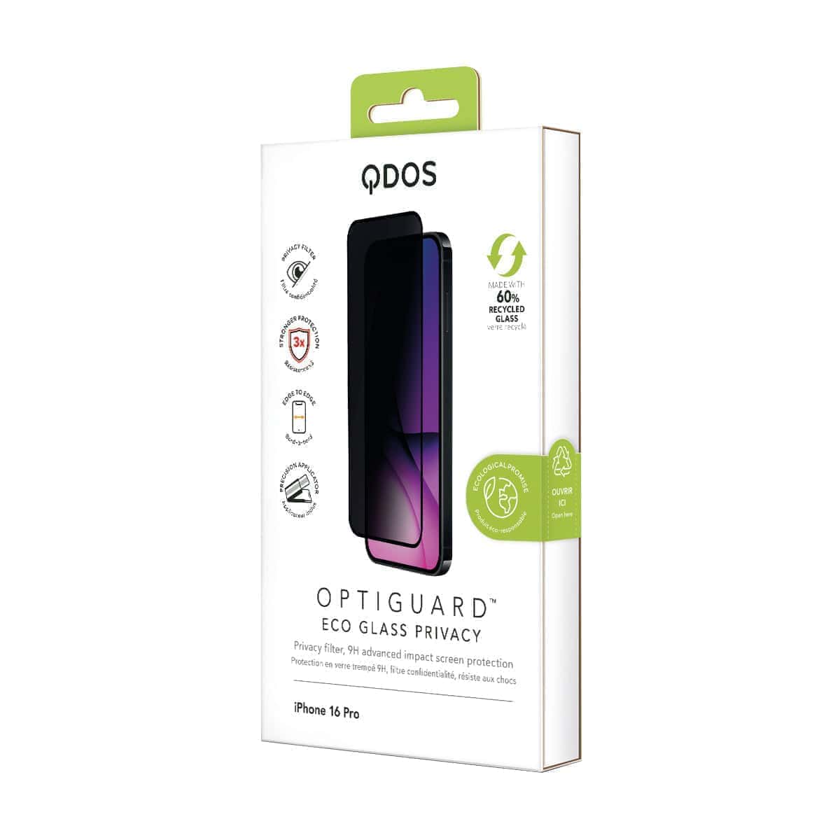 OptiGuard Eco Glass Privacy - Apple iPhone 16 Pro Screen Protector - Privacy Black, showcasing product packaging in white