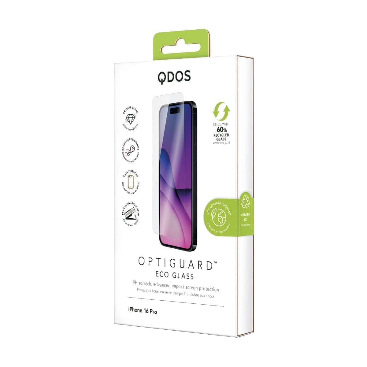 OptiGuard Eco Glass - Apple iPhone 16 Pro Screen Protector - Clear, showcasing product packaging in white