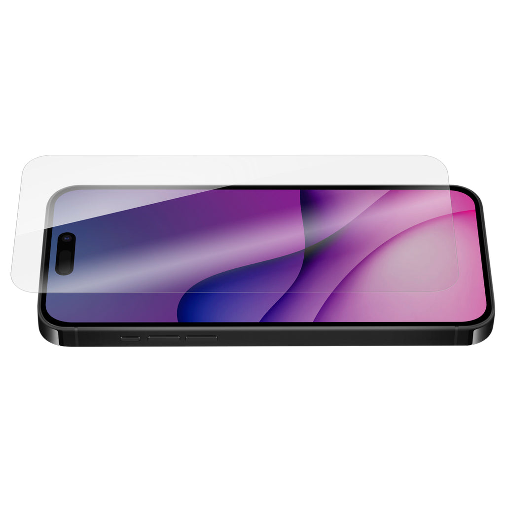 OptiGuard Eco Glass - Apple iPhone 16 Pro Screen Protector - Clear, Angled Front View with Screen Protector applied on the Display of the Phone