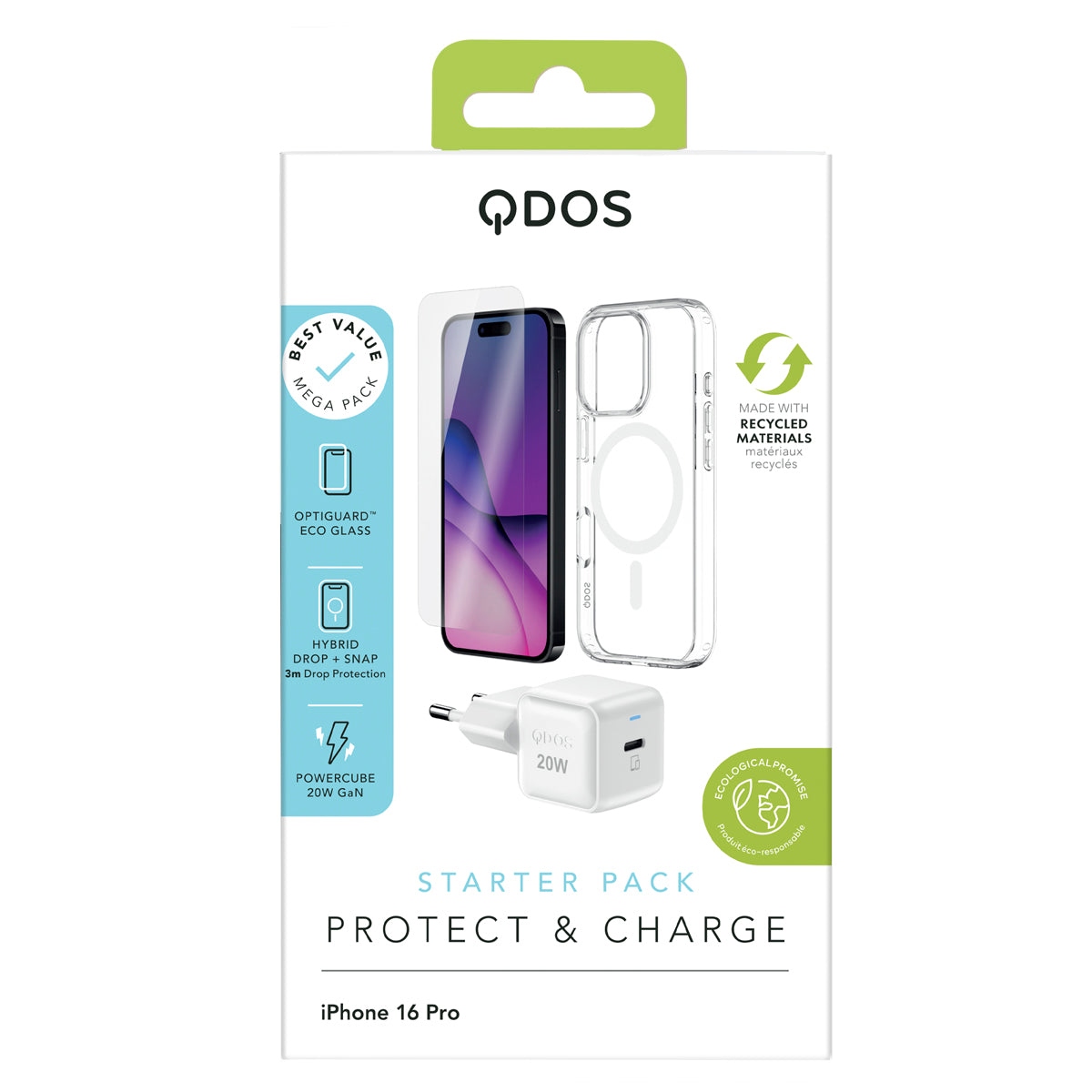 QDOS iPhone 16 Pro Starter Pack including a clear MagSafe-compatible Hybrid Drop + Snap case, OptiGuard Eco Glass screen protector, and 20W GaN PowerCube charger, all made with recycled materials for eco-friendly protection and charging