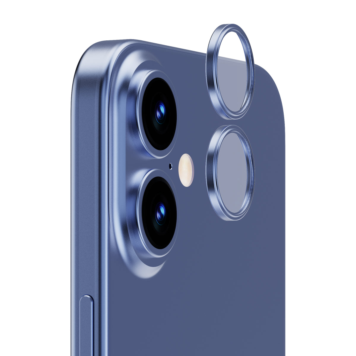 OptiRings - Apple iPhone 16, iPhone 16 Plus Camera Lens Protector - Blue, Right Angled Close Up View of Camera Lens Protector apply to the Phone