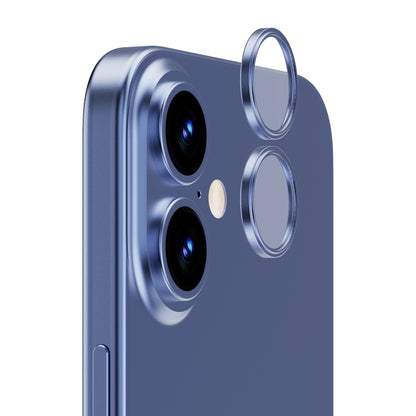 OptiRings - Apple iPhone 16, iPhone 16 Plus Camera Lens Protector - Blue, Right Angled Close Up View of Camera Lens Protector apply to the Phone
