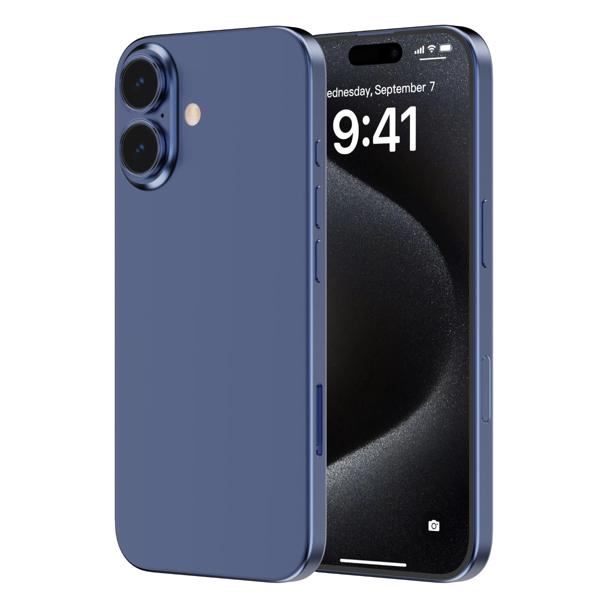 OptiRings - Apple iPhone 16, iPhone 16 Plus Camera Lens Protector - Blue, Side and Back View of the Phone with Camera Lens Protector applied