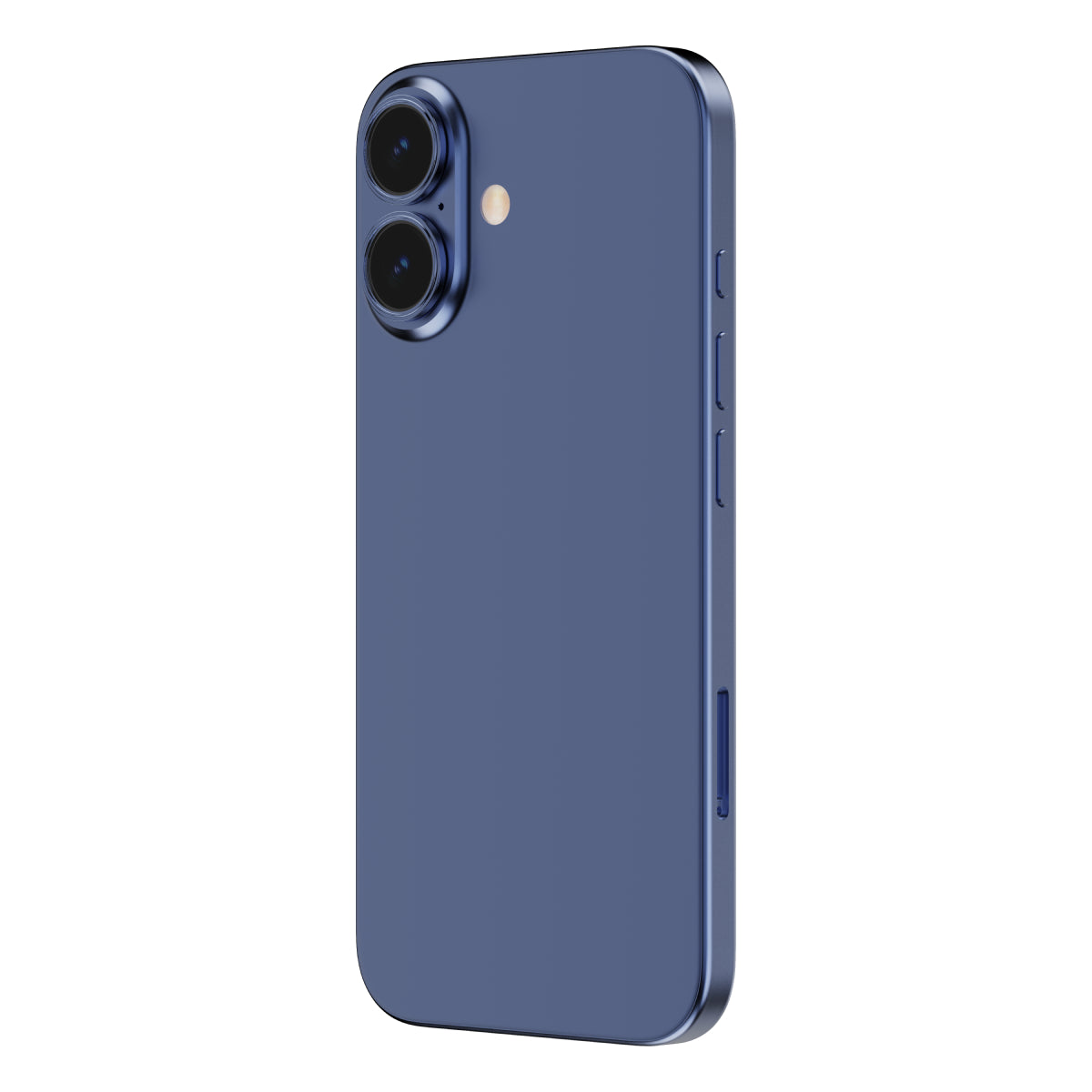 OptiRings - Apple iPhone 16, iPhone 16 Plus Camera Lens Protector - Blue, Left Angled Zoom Out View of Camera Lens Protector applied to the Phone