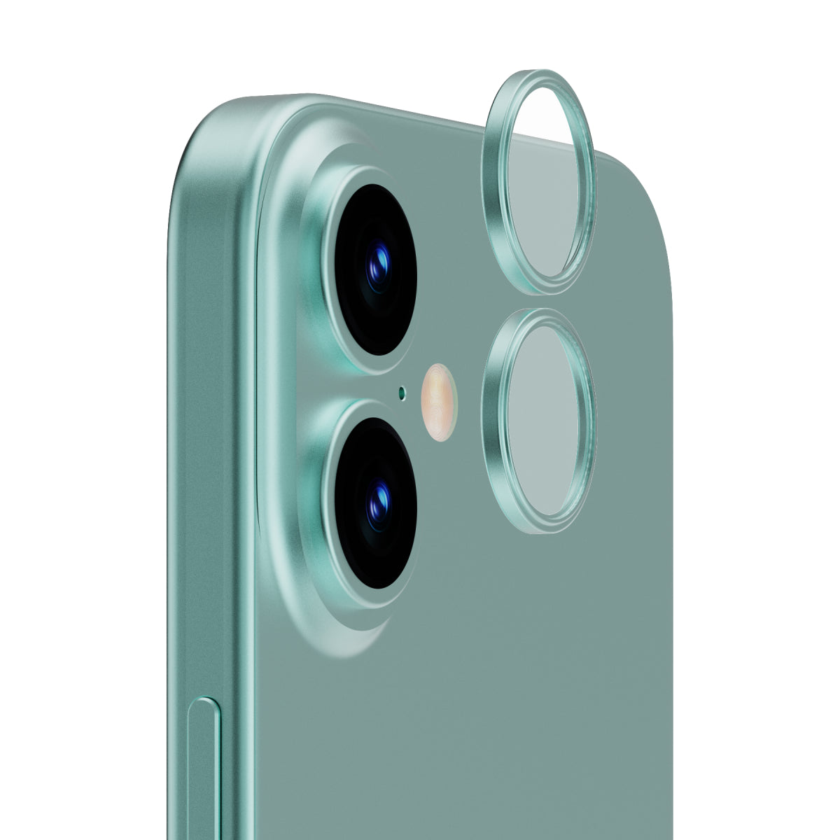 OptiRings - Apple iPhone 16, iPhone 16 Plus Camera Lens Protector - Green, Right Angled Close Up View of Camera Lens Protector apply to the Phone