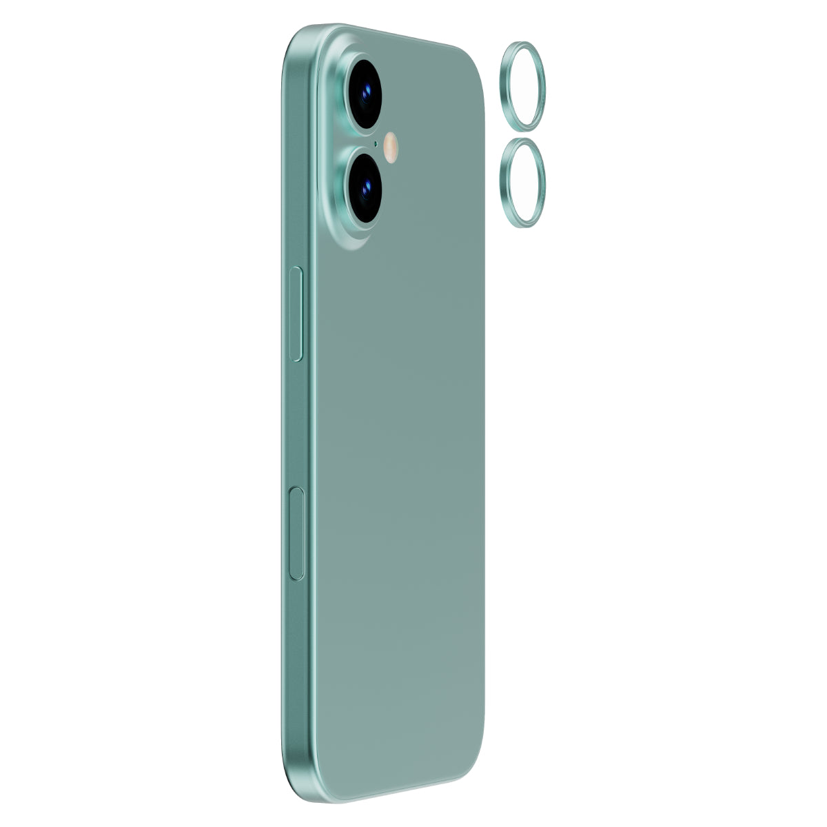 OptiRings - Apple iPhone 16, iPhone 16 Plus Camera Lens Protector - Green, Right Angled Zoom Out View of Camera Lens Protector applied to the Phone