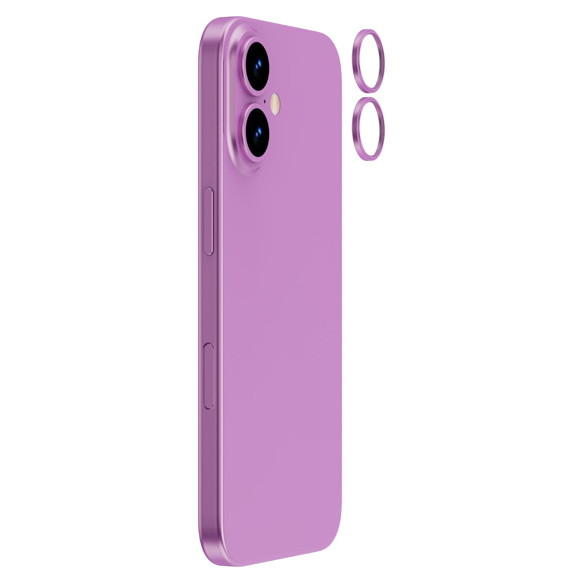 OptiRings - Apple iPhone 16, iPhone 16 Plus Camera Lens Protector - Pink, Right Angled Zoom Out View of Camera Lens Protector applied to the Phone