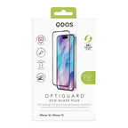 OptiGuard Eco Glass Plus - Apple iPhone 16, iPhone 15 Screen Protector - Clear with Black Frame, showcasing product packaging in white