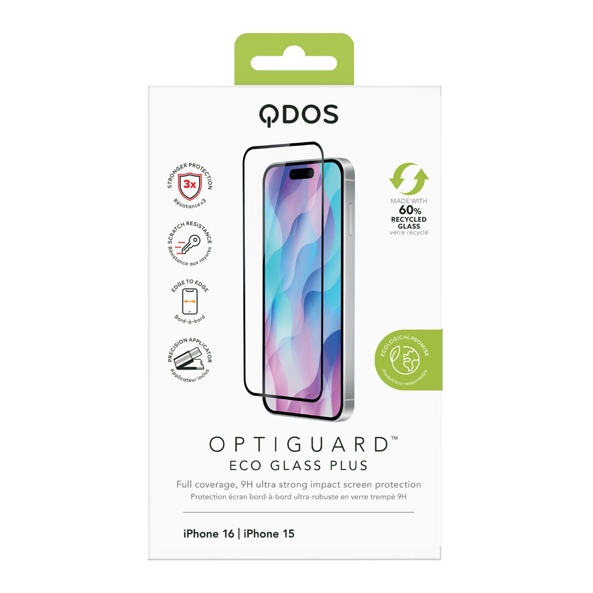 OptiGuard Eco Glass Plus - Apple iPhone 16, iPhone 15 Screen Protector - Clear with Black Frame, showcasing product packaging in white