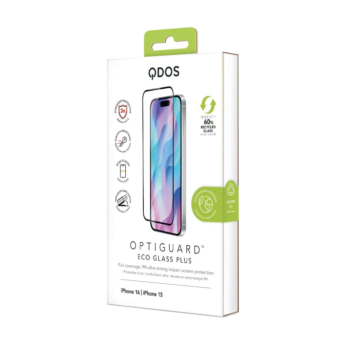 OptiGuard Eco Glass Plus - Apple iPhone 16, iPhone 15 Screen Protector - Clear with Black Frame, showcasing product packaging in white