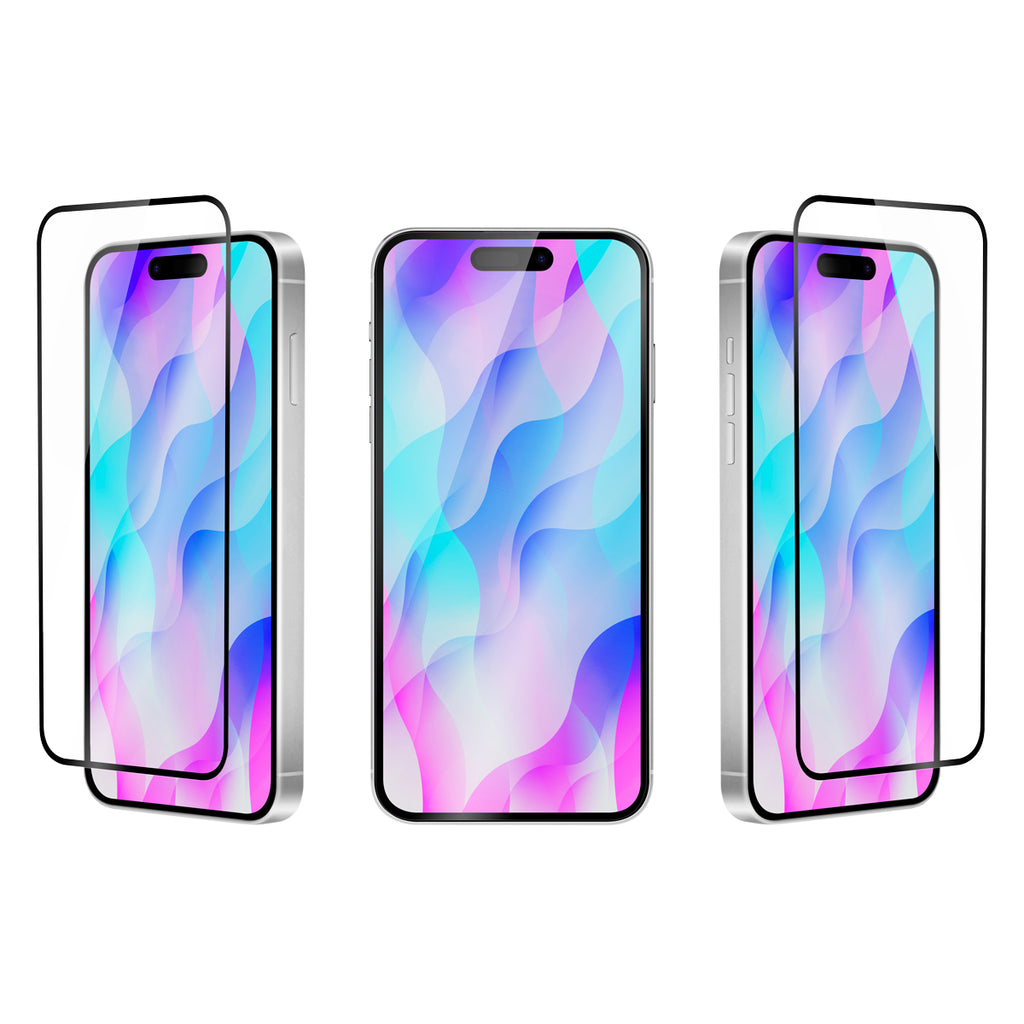 OptiGuard Eco Glass Plus - Apple iPhone 16, iPhone 15 Screen Protector - Clear with Black Frame, Different Angled View with Screen Protector applied on the Display of the Phone
