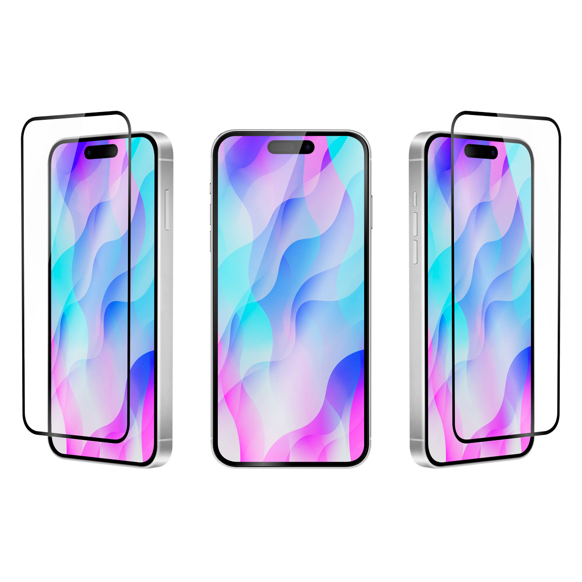 OptiGuard Eco Glass Plus - Apple iPhone 16, iPhone 15 Screen Protector - Clear with Black Frame, Different Angled View with Screen Protector applied on the Display of the Phone