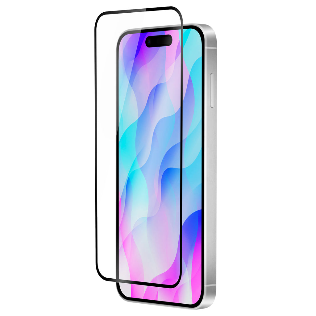 OptiGuard Eco Glass Plus - Apple iPhone 16, iPhone 15 Screen Protector - Clear with Black Frame, Left Angled Front View with Screen Protector applied on the Display of the Phone
