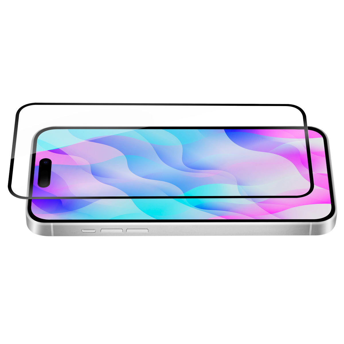 OptiGuard Eco Glass Plus - Apple iPhone 16, iPhone 15 Screen Protector - Clear with Black Frame, Angled Front View with Screen Protector applied on the Display of the Phone