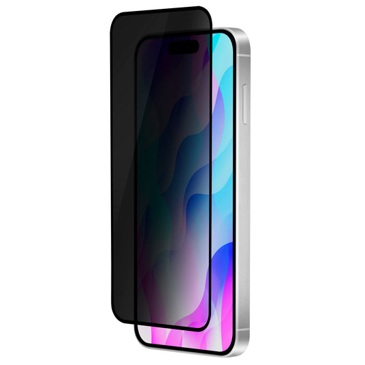 OptiGuard Eco Glass Privacy - Apple iPhone 16, iPhone 15 Screen Protector - Privacy Black, Left Angled Front View with Screen Protector applied on the Display of the Phone