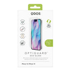 OptiGuard Eco Glass - Apple iPhone 16, iPhone 15 Screen Protector - Clear, showcasing product packaging in white