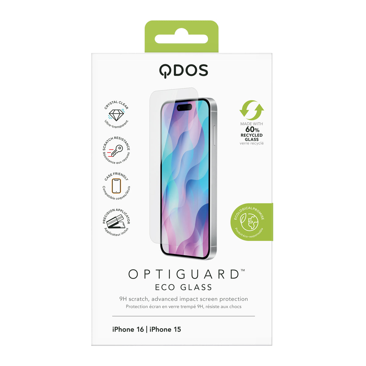 OptiGuard Eco Glass - Apple iPhone 16, iPhone 15 Screen Protector - Clear, showcasing product packaging in white