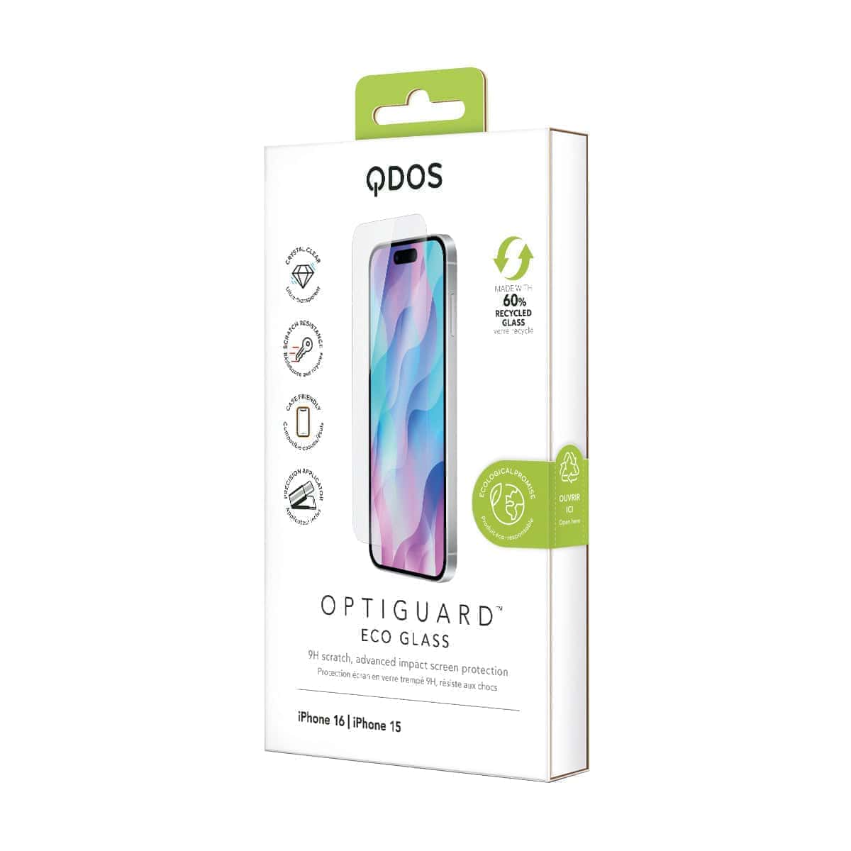 OptiGuard Eco Glass - Apple iPhone 16, iPhone 15 Screen Protector - Clear, showcasing product packaging in white