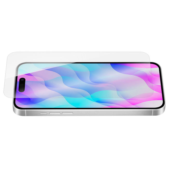 OptiGuard Eco Glass - Apple iPhone 16, iPhone 15 Screen Protector - Clear, Angled Front View with Screen Protector applied on the Display of the Phone