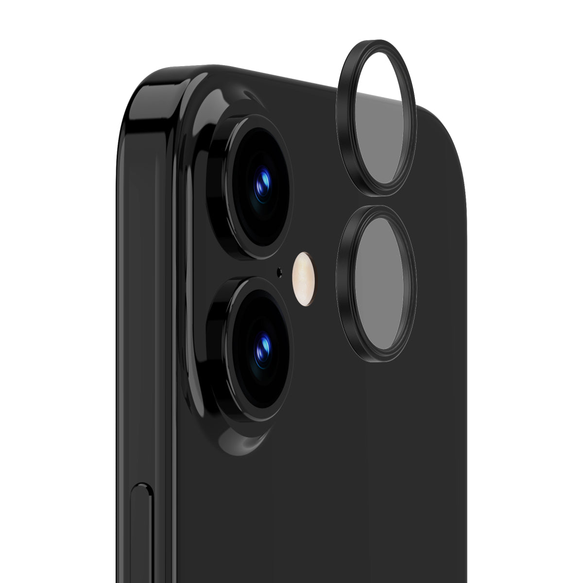 OptiRings - Apple iPhone 16, iPhone 16 Plus Camera Lens Protector - Black, Right Angled Close Up View of Camera Lens Protector apply to the Phone