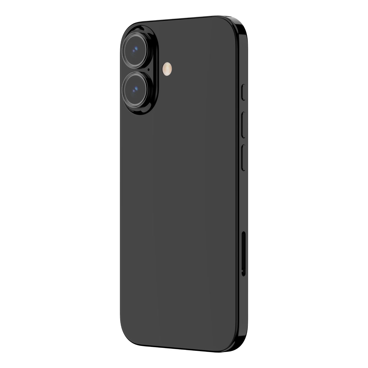 OptiRings - Apple iPhone 16, iPhone 16 Plus Camera Lens Protector - Black, Left Angled Zoom Out View of Camera Lens Protector applied to the Phone