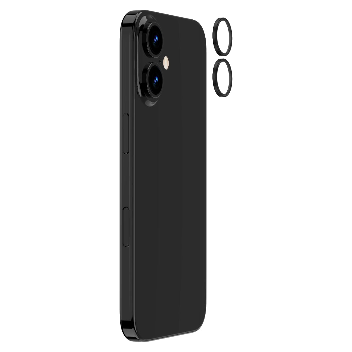 OptiRings - Apple iPhone 16, iPhone 16 Plus Camera Lens Protector - Black, Right Angled Zoom Out View of Camera Lens Protector applied to the Phone