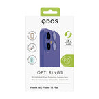 OptiRings - Apple iPhone 16, iPhone 16 Plus Camera Lens Protector - Blue, Showcasing product packaging in white