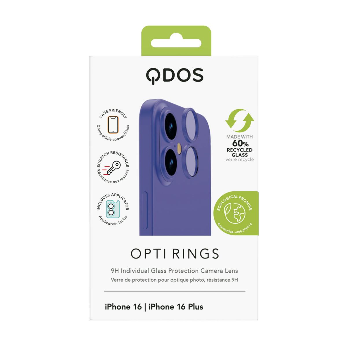 OptiRings - Apple iPhone 16, iPhone 16 Plus Camera Lens Protector - Blue, Showcasing product packaging in white