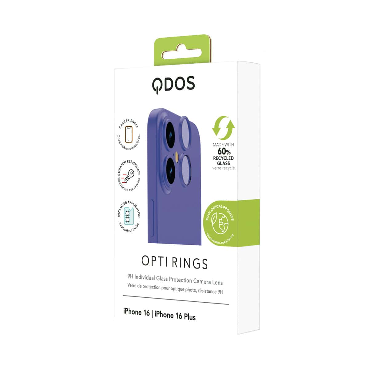 OptiRings - Apple iPhone 16, iPhone 16 Plus Camera Lens Protector - Blue, Showcasing product packaging in white