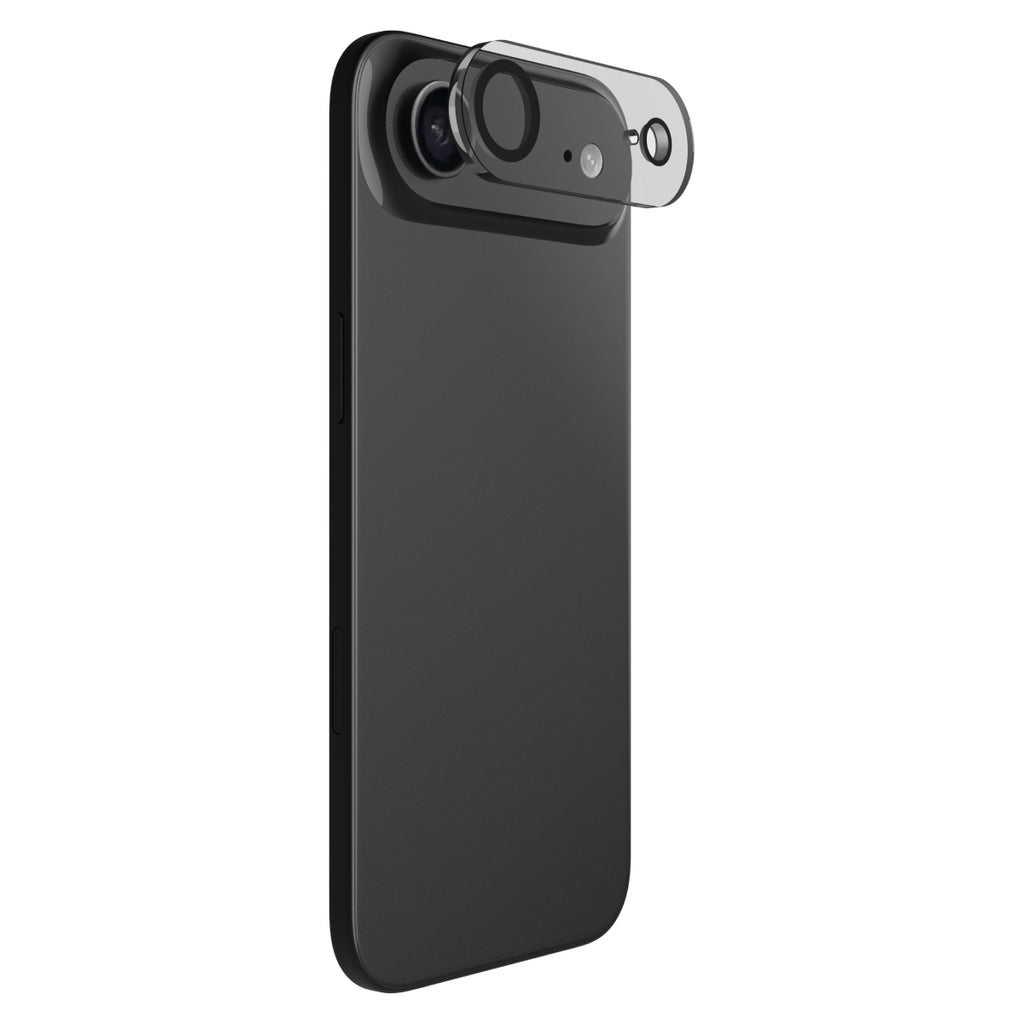 Black phone case with a clear lens protector on a white background