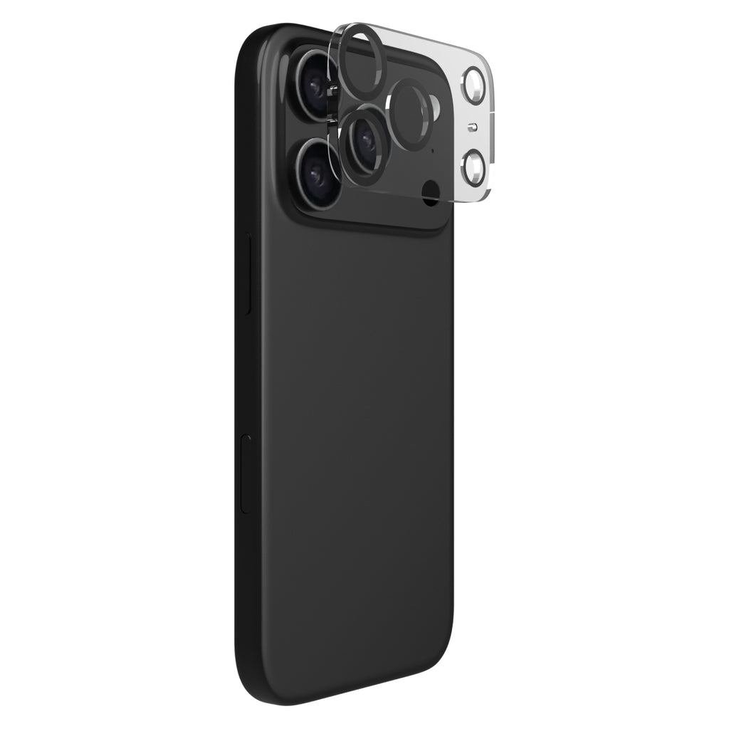 Black phone case with camera lens protector on a white background