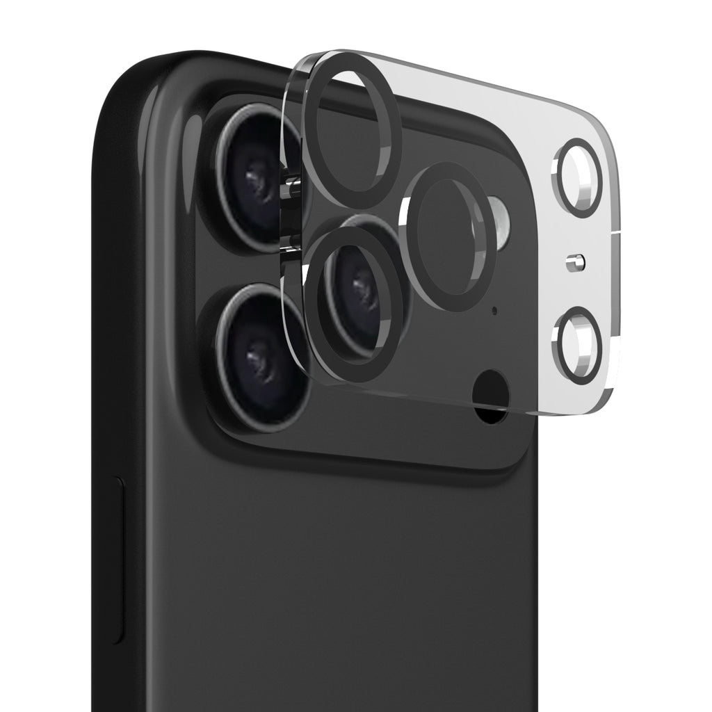 Smartphone with camera lens protector on a white background