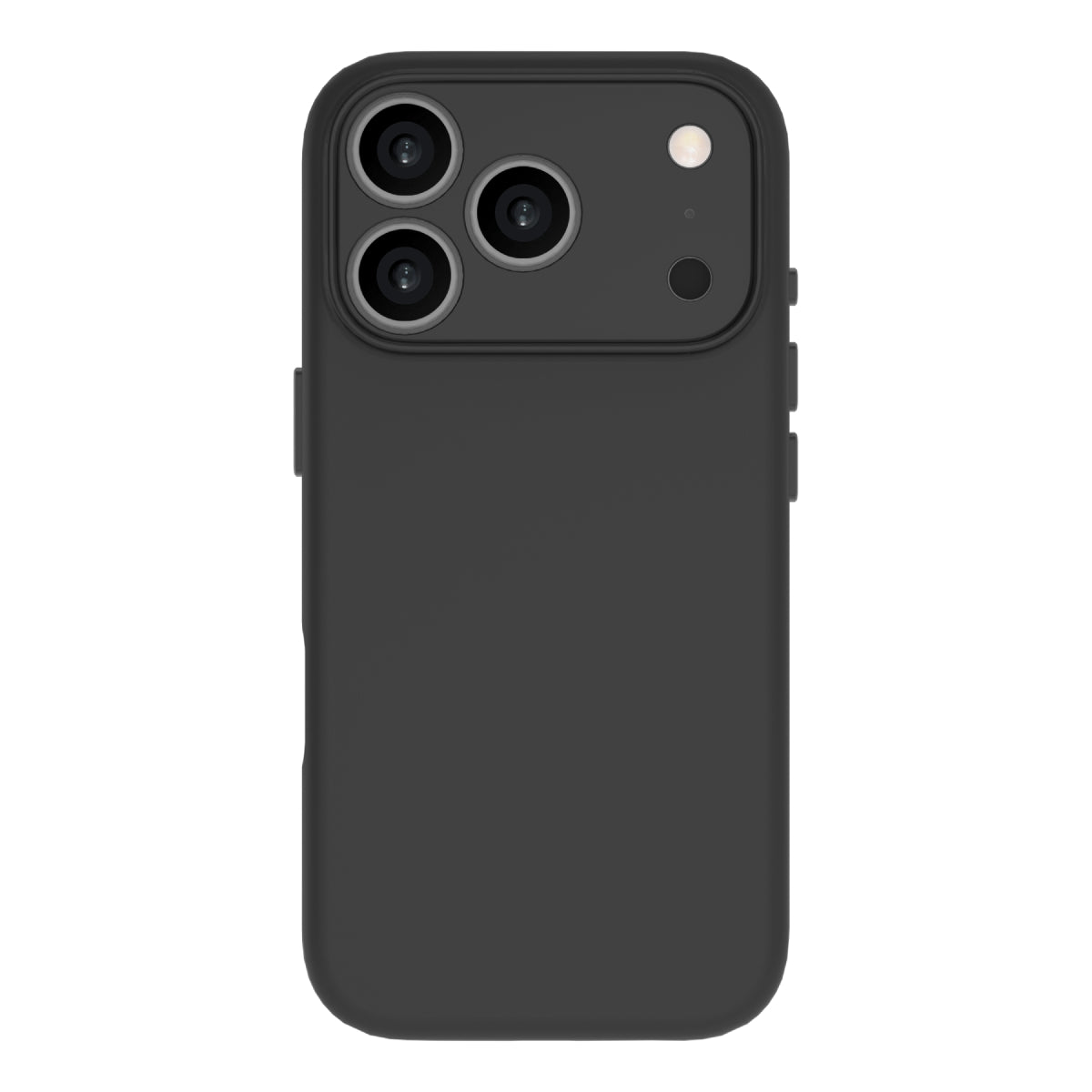 A matte black protective phone case shown from the back, designed with a raised camera module border and side button covers, displayed on a solid white background.