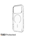 A clear protective phone case with MagSafe compatibility, shown on a white background with the D30 Protected brand logo in the bottom-left corner.
