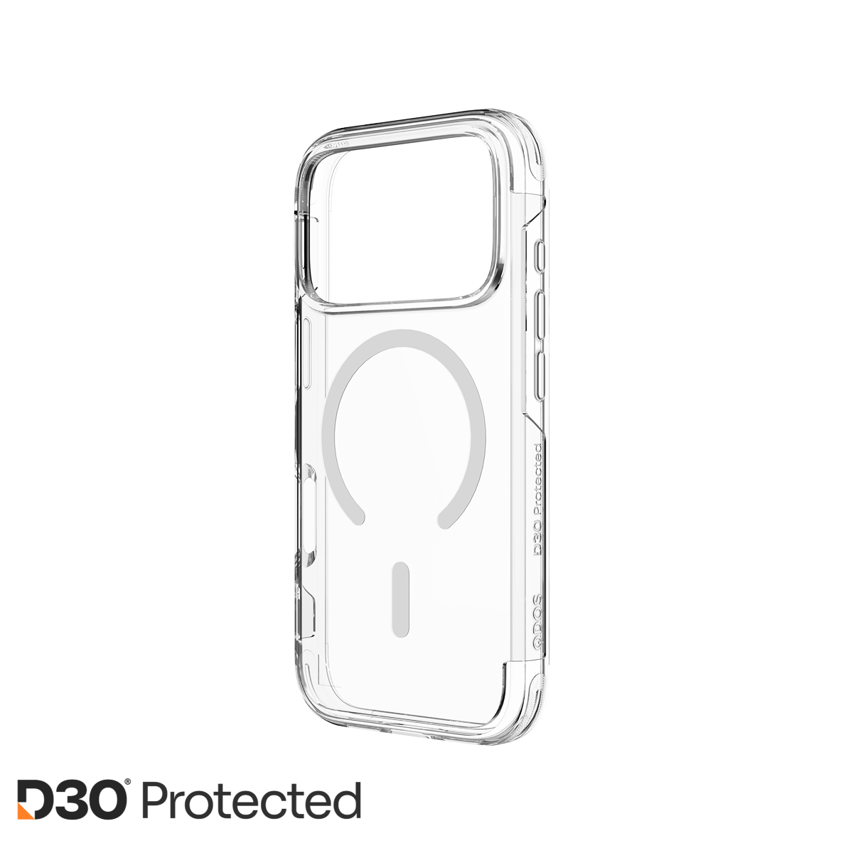 A clear protective phone case with MagSafe compatibility, shown on a white background with the D30 Protected brand logo in the bottom-left corner.