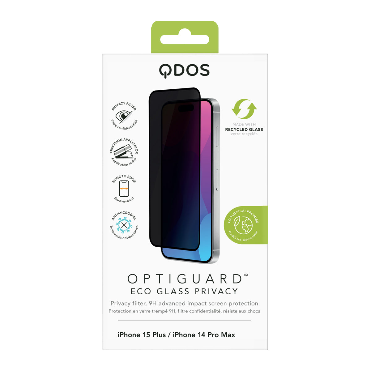 OptiGuard Eco Glass Privacy - Apple iPhone 15 Plus, iPhone 14 Pro Max Screen Protector - Privacy Black, showcasing product packaging in white