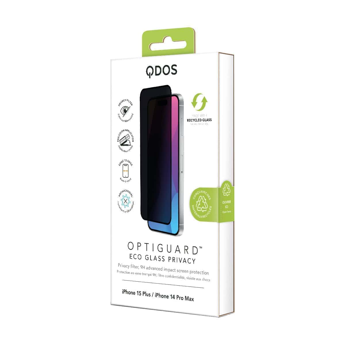 OptiGuard Eco Glass Privacy - Apple iPhone 15 Plus, iPhone 14 Pro Max Screen Protector - Privacy Black, showcasing product packaging in white